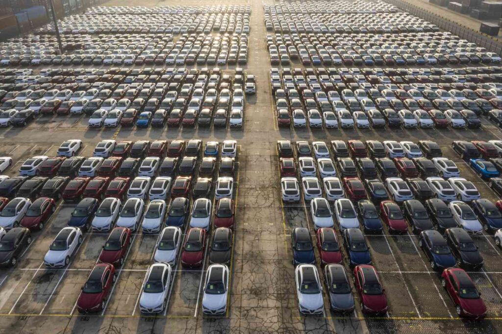 aerial view new cars lined up in the port for import and export 1092062578 a070470f4bb949a9a1a61ca59