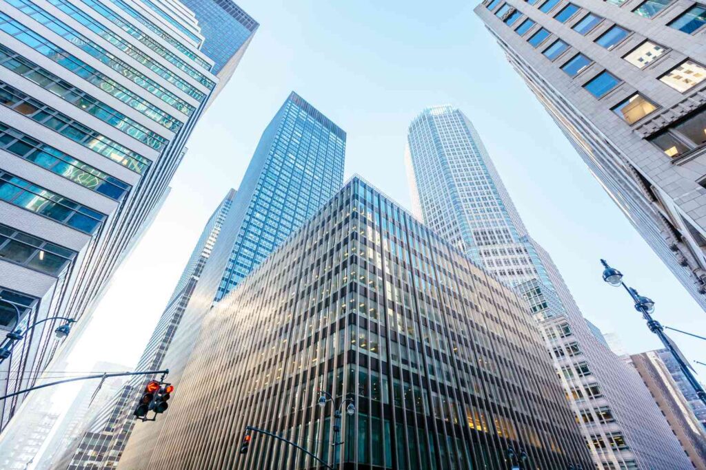 low angle view of modern office buildings skyscrapers in manhattan midtown new york 1066278582 893b