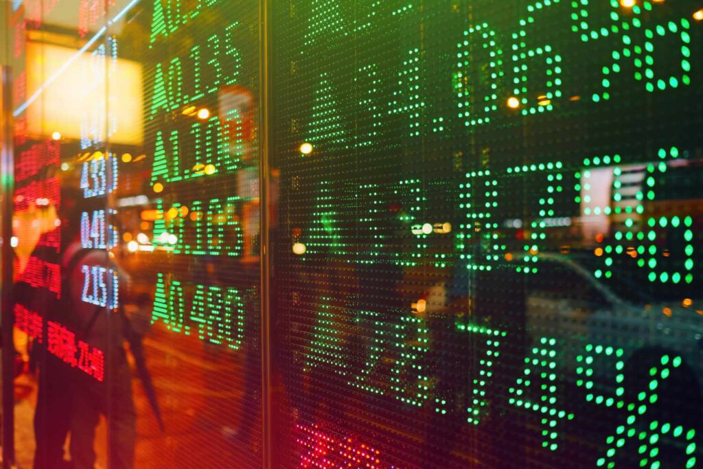 stock exchange market display screen board on the street showing stock rises in green colour 1027040